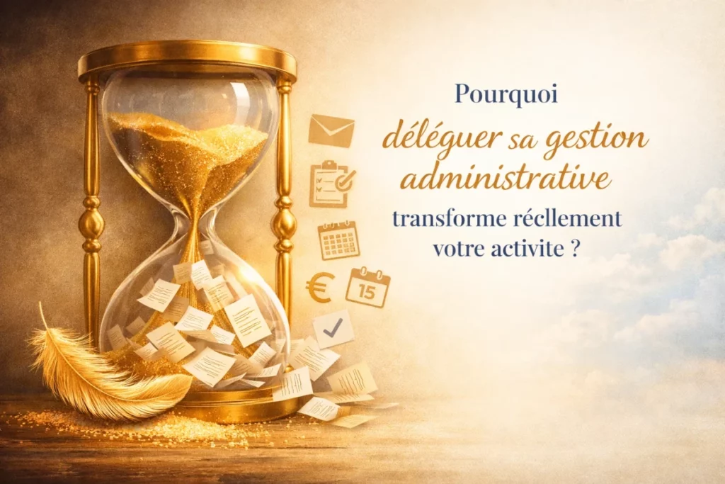 Sablier doré symbolisant la délégation administrative et le gain de temps pour les entrepreneurs